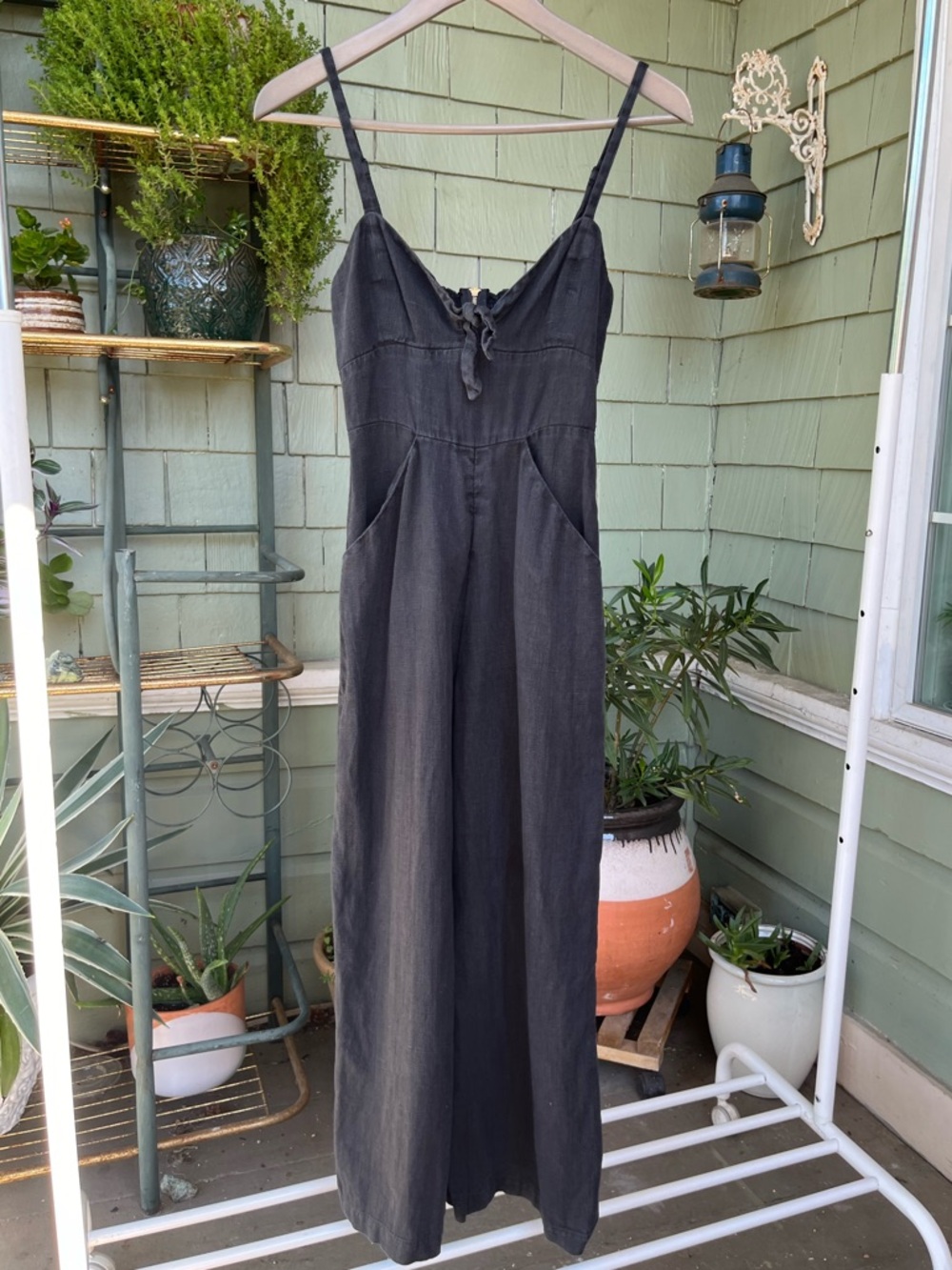 Reformation Black Linen Jumpsuit with Front Tie, Pockets and Back Zip